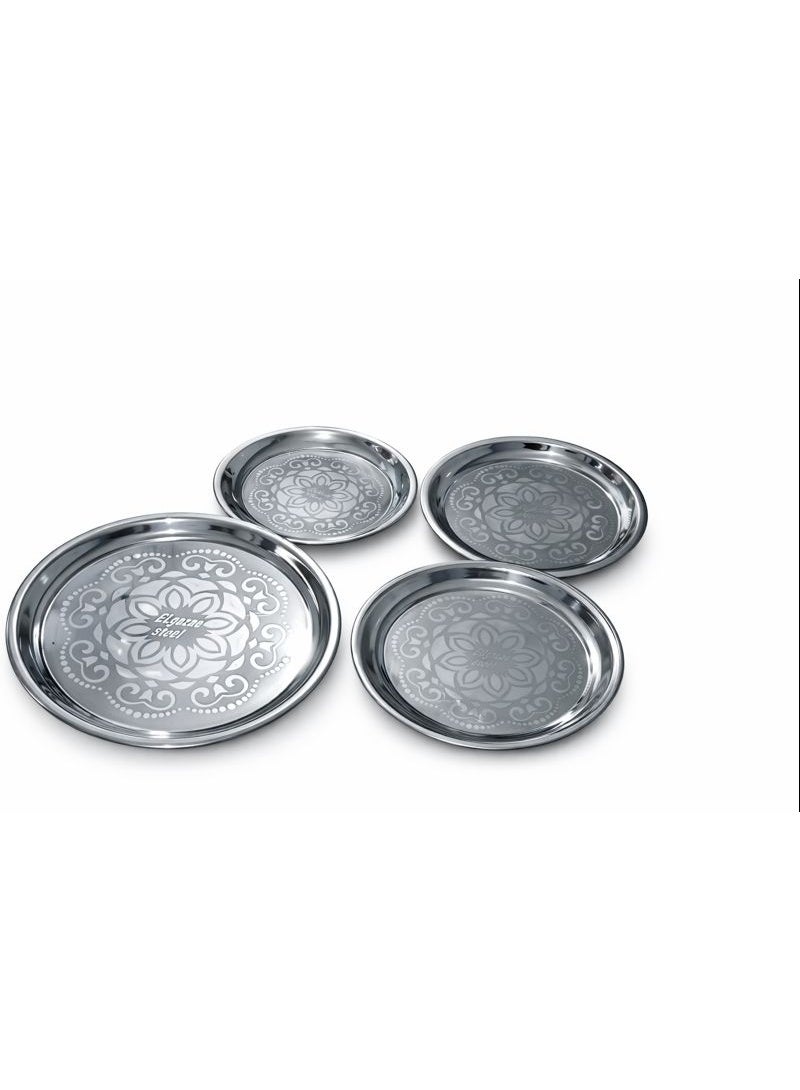 Al Gazar Steel 4-Piece Stainless Steel Serving Tray Set - Multi-Size Engraved Trays for Drinks, Coffee & Snacks - Decorative Patterned Design - Rust Resistant - Image 1